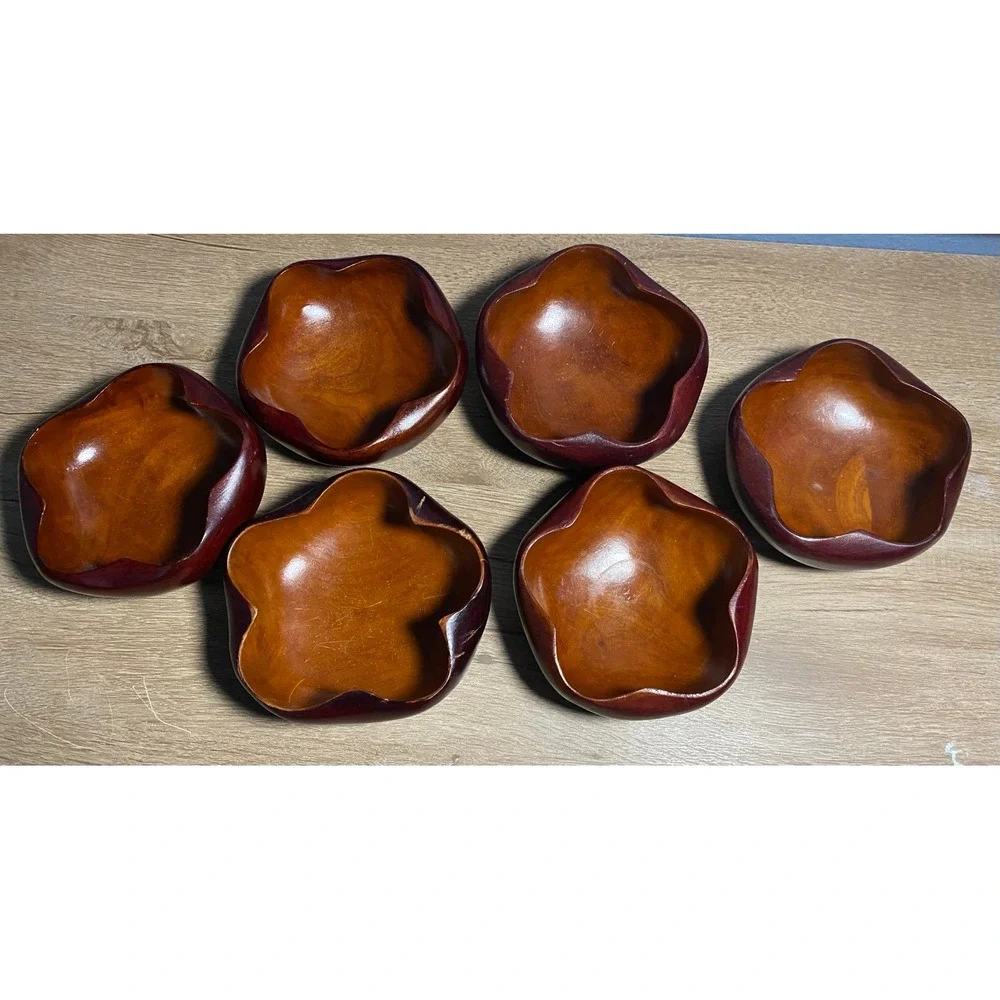 10pcs VTG 60s MCM Tiki Hawaiian Serving‎ Bowl Set Wood Flower Shape Utensils
